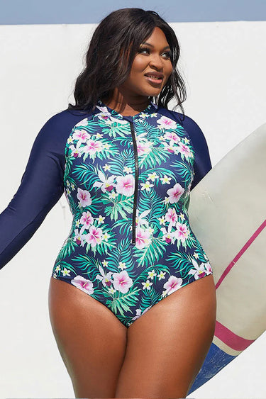 Ropical Floral Long Sleeve Plus Size One-Piece Swimsuit